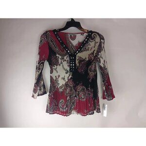 Signature By Larry Levine Womens Blouse Red Black White Paisley Rhinestones sz L